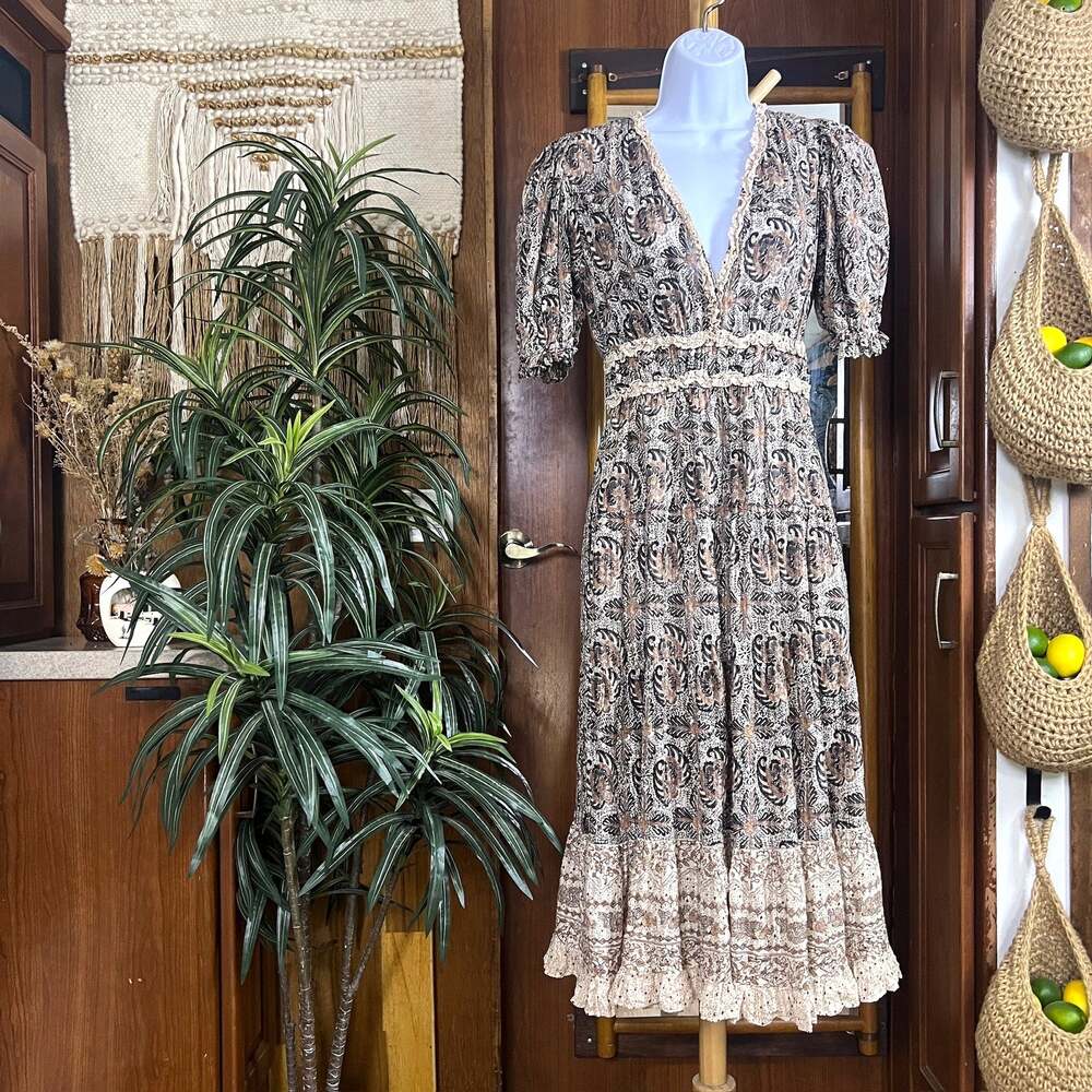 Ulla Johnson Elli Dress Womens 2 Yarrow Paisley Floral Midi Smocked Puff Sleeve